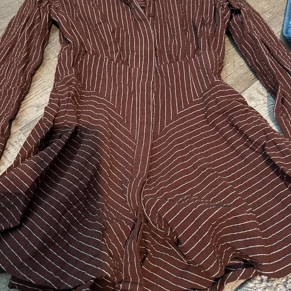 WHITNEY MINI DRESS - LINEN LOOK LONG SLEEVE SHIRT DRESS IN CHOCOLATE PINSTRIPE 2 - Picture 11 of 16
